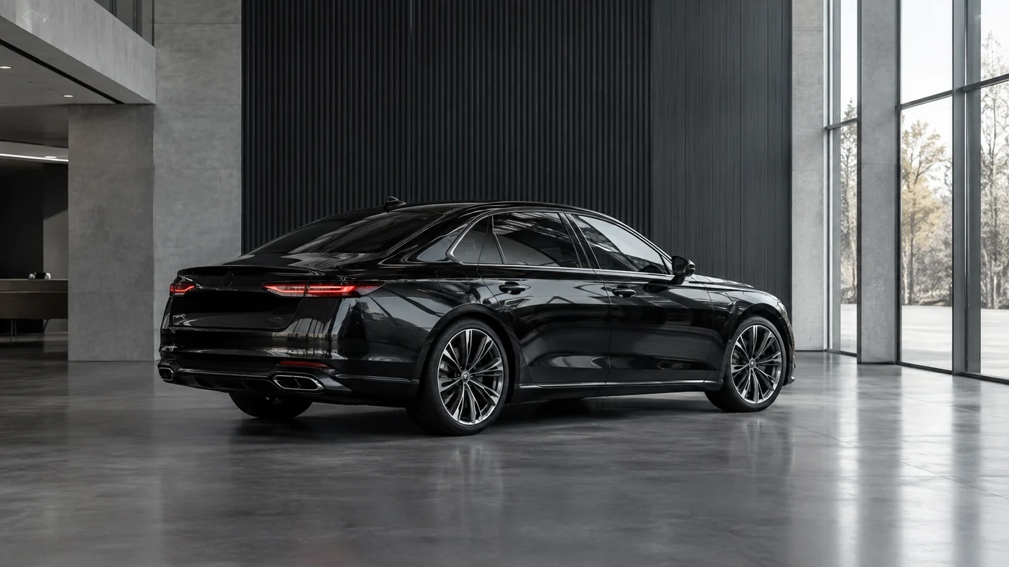 Black sedan in a charcoal showroom